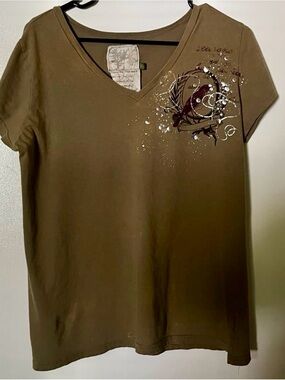 Old Navy Olive V-Neck Tee with Bird Graphic